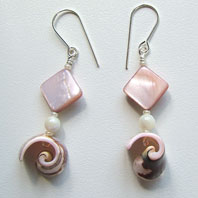Lynn Davy Beading - Beading Gallery - Photography by Joanna Bury. Pink Shell Earrings   Simple shell swirls and mother-of-pearl diamond shapes on sterling wires, to complement my seaside-themed necklaces. Currently listed for sale in my Etsy shop   click on thumbnail to see larger image